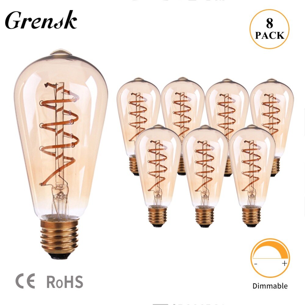 Grensk-LED 램프 에디슨 밝기 조절 E27 전구 3W, 빈티지 나선형 유연한 Led 필라멘트 전구 골동품 ST64 Led 조명 전구 황색 유리
